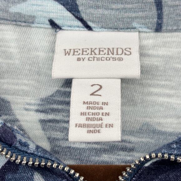 Weekends by Chico's Shirt Top Size L Blue Floral Quarter Zip Long Sleeve Pockets - Picture 3 of 7